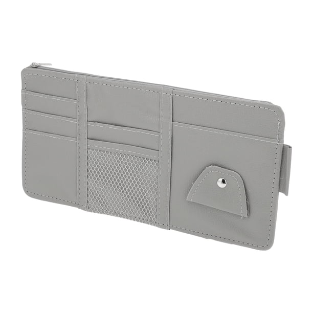 Organizador de visera de automóvil, bolsa de almacenamiento para visera con cremallera y ranura elástica con soporte para gafas de sol para tarjetas, licencia y bolígrafo, organizador de cuero PU gris