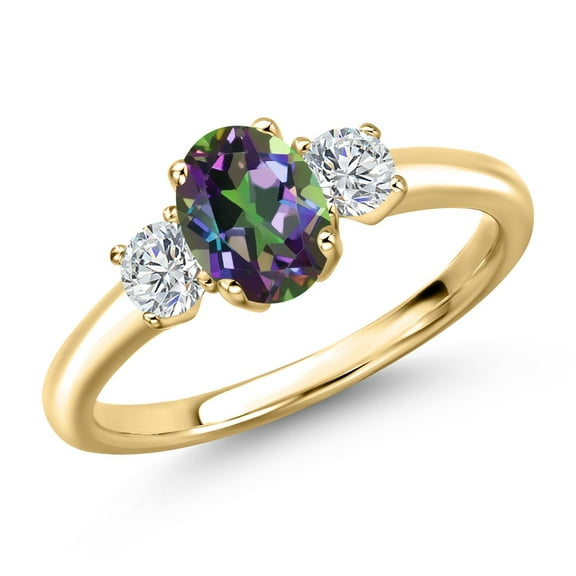 Gem Stone King 10K Yellow Gold Green Mystic Topaz and Lab Grown Diamond Engagement Ring for Women | 1.34 Cttw | Oval 7X5MM | Gemstone November Birthstone | Size 5