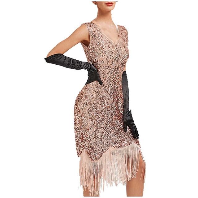 Pisexur Robe Mi-Mollet Sans Manches à Col en V pour Femmes, Robe à Col en V Sans Manches à Paillettes avec Franges et Pompons, Robe de Fête, Banquet, Danse, Robe Courte, Robe pour Femmes