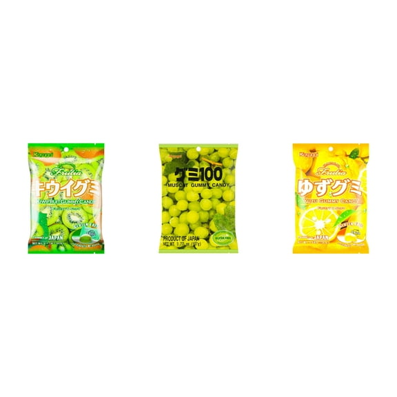 3 Pack Kasugai Gummy Candies, Made in Japan, Gluten Free, Mix 3 Flavor (Kiwi,Mmuscat,Yuzu) Plus NineChef Brand Long Handle Coffee Spoon