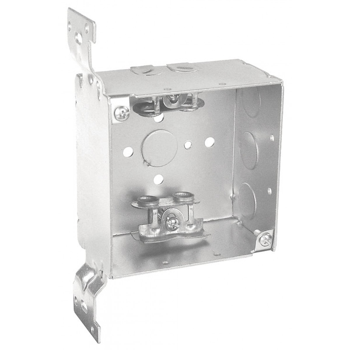 2 Pcs, 4" Square Junction Bracket Box, 2-1/8 In. Deep, (2) 1/2 In. & (1) 1/2-3/4 In. Side Knockouts & (4) Mc/Bx Clamps; (1) 1/2 In. Bottom Knockout, Flat Vertical Bracket, .0625 Galvanized Steel - image 1 of 1
