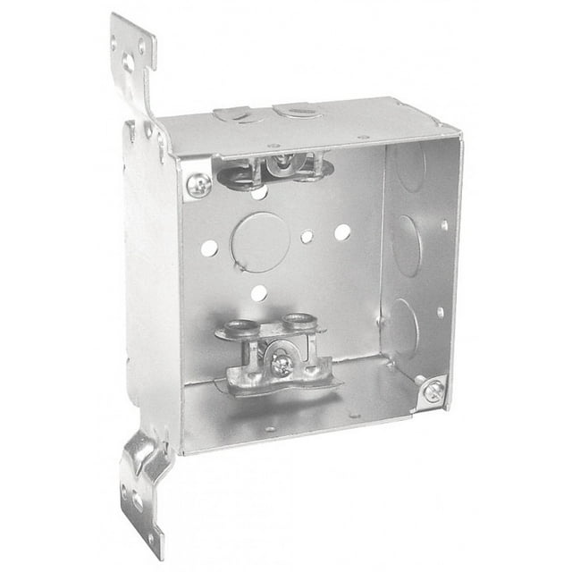 2 Pcs, 4" Square Junction Bracket Box, 2-1/8 In. Deep, (2) 1/2 In. & (1) 1/2-3/4 In. Side Knockouts & (4) Mc/Bx Clamps; (1) 1/2 In. Bottom Knockout, Flat Vertical Bracket, .0625 Galvanized Steel