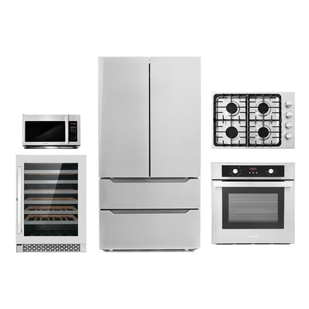 5 Piece Kitchen Package With 30  Gas Cooktop 30  Island Range Hood 24  Single Electric Wall Oven 30  Over-The-Range Microwave & French Door Refrigerator