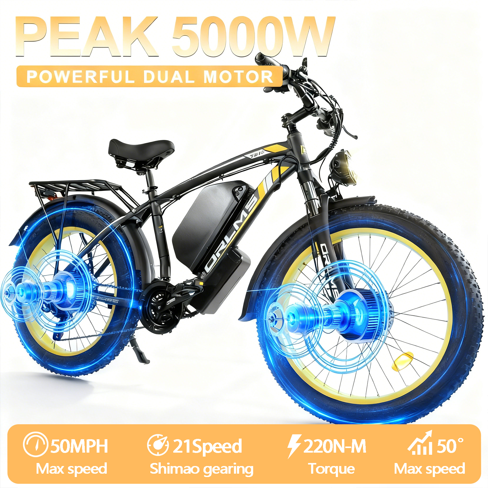 5000W Peak Dual Motor E-Bike, 60V 25Ah Battery Electric Bike, 50MPH High Speed E-Bike with 26" x 4.0 Fat Tire, Hydraulic Disc Brakes All Terrain Mountain/Commuter E-Bicycle