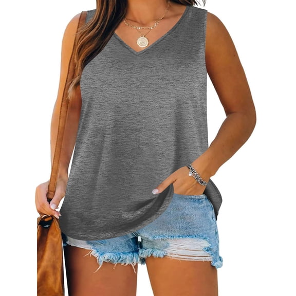 Plus Size Womens Casual Loungewear Tank Tops Loose Fitting V Neck Sleeveless Casual Tunic Blouse for Summer Gray XXL