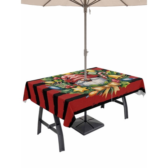 Outdoor Tablecloth with Umbrella Hole and Zipper, Christmas Rectangle Table Cloth 60x120 Inch Waterproof Tablecloth, Gnomes Pine Branch Star Bell Red Black Striped Picnic Table Cover for Patio