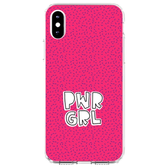 DistinctInk Clear Shockproof Hybrid Case for iPhone XS Max (6.5" Screen) - TPU Bumper, Acrylic Back, Tempered Glass Screen Protector - Girl Power - PWR GRL - Pink Background