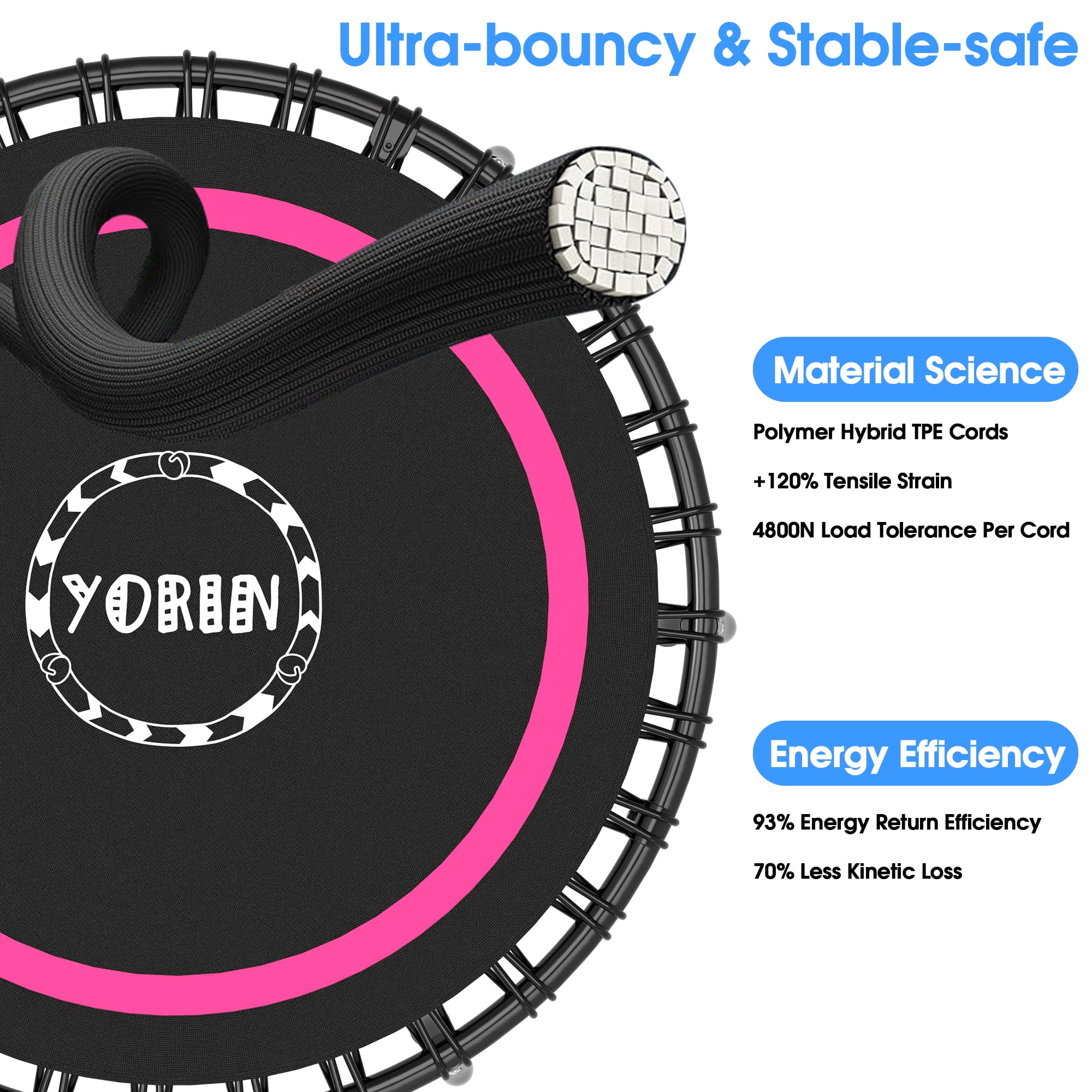 YORIN Rebounder Foldable Trampoline for Adults, 330LBS Fitness Indoor Trampoline, 48" 40" 50" Mini Exercise Trampoline with Bungees, 3 Level Adjustable Foam Handle Bar, Stable Quiet Small Trampoline