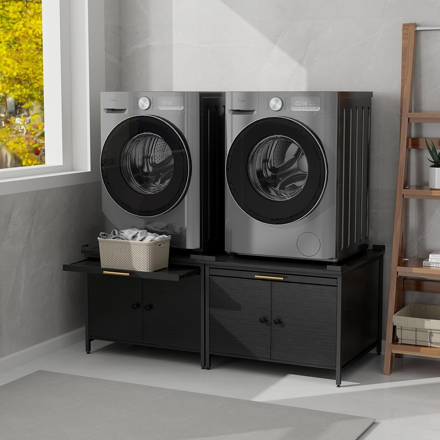 Laundry Pedestal for Washer and Dryer, 29" Universal Washing Machine Stand with Adjustable Feet and 4 Panel Corner, Fit Anti-Vibration Design with Telescopic Laundry Basket Shelf, 700 LBS Capacity