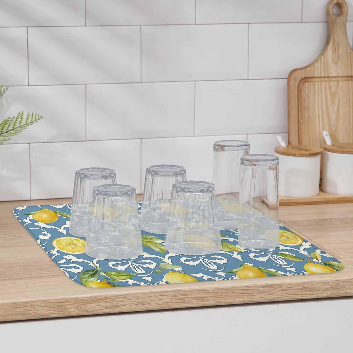 Summer Lemon Dish Drying Mat for Kitchen Counter, Green Botanical Blue Watercolor Fruits Baby Bottle Microfiber Drying Pad, Absorbent Coffee Cup Dishes Drainer Mats 18"x24", 1 Pcs