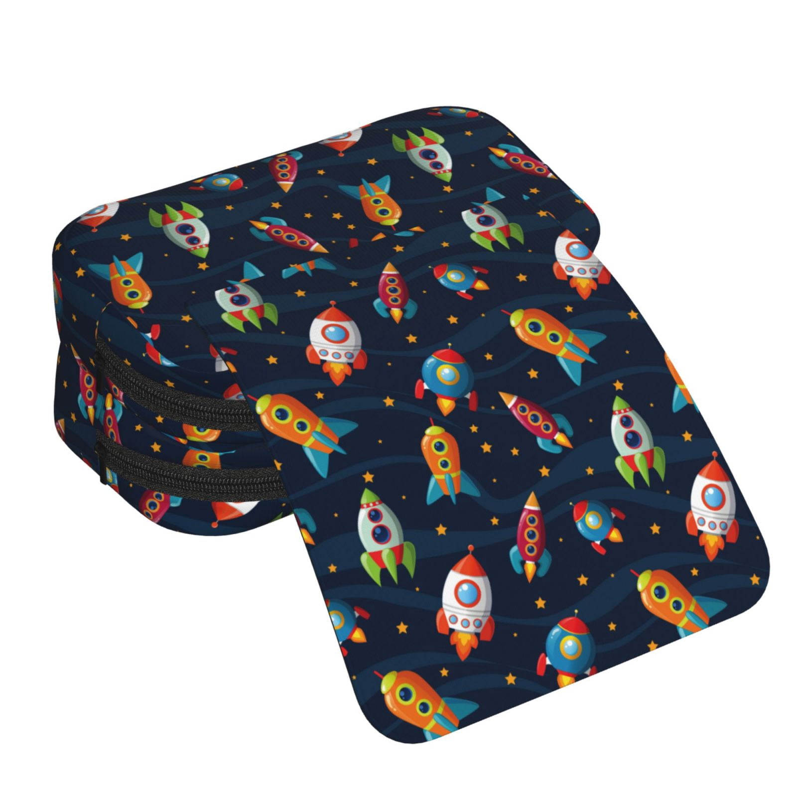 Rateoe Spaceships and Stars Pattern Double Clamshell Pen Case, Storage Organizer with Two Zipper Compartments– Holds Up to 50 Pencils & Pens