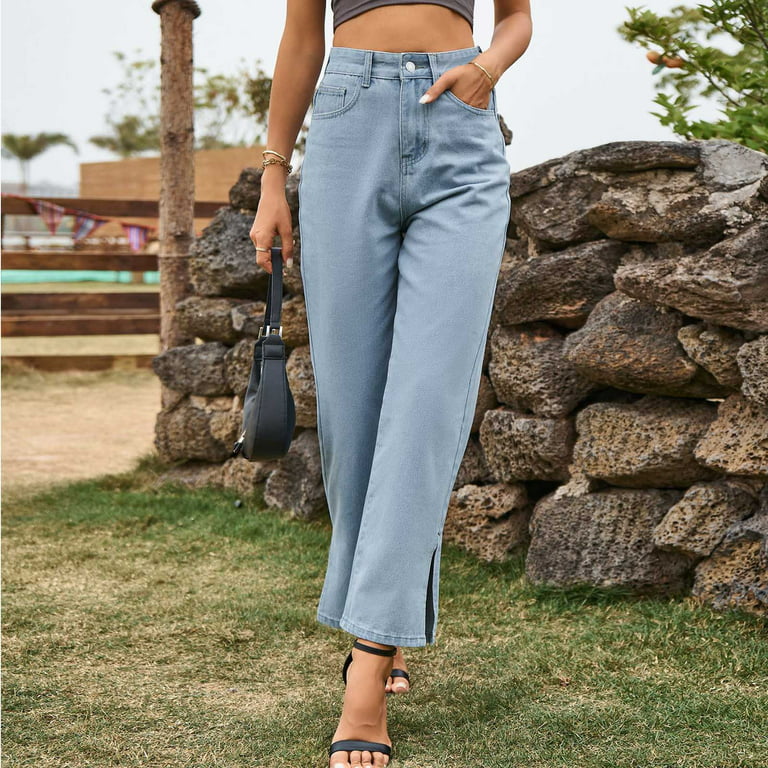 Olyvenn Spring And Summer New Women's Button Split Solid Fashion Summer  Casual Jeans Pants Comfy Versatile Young Adult Love 2023 Female Fashion  Light Blue 12 
