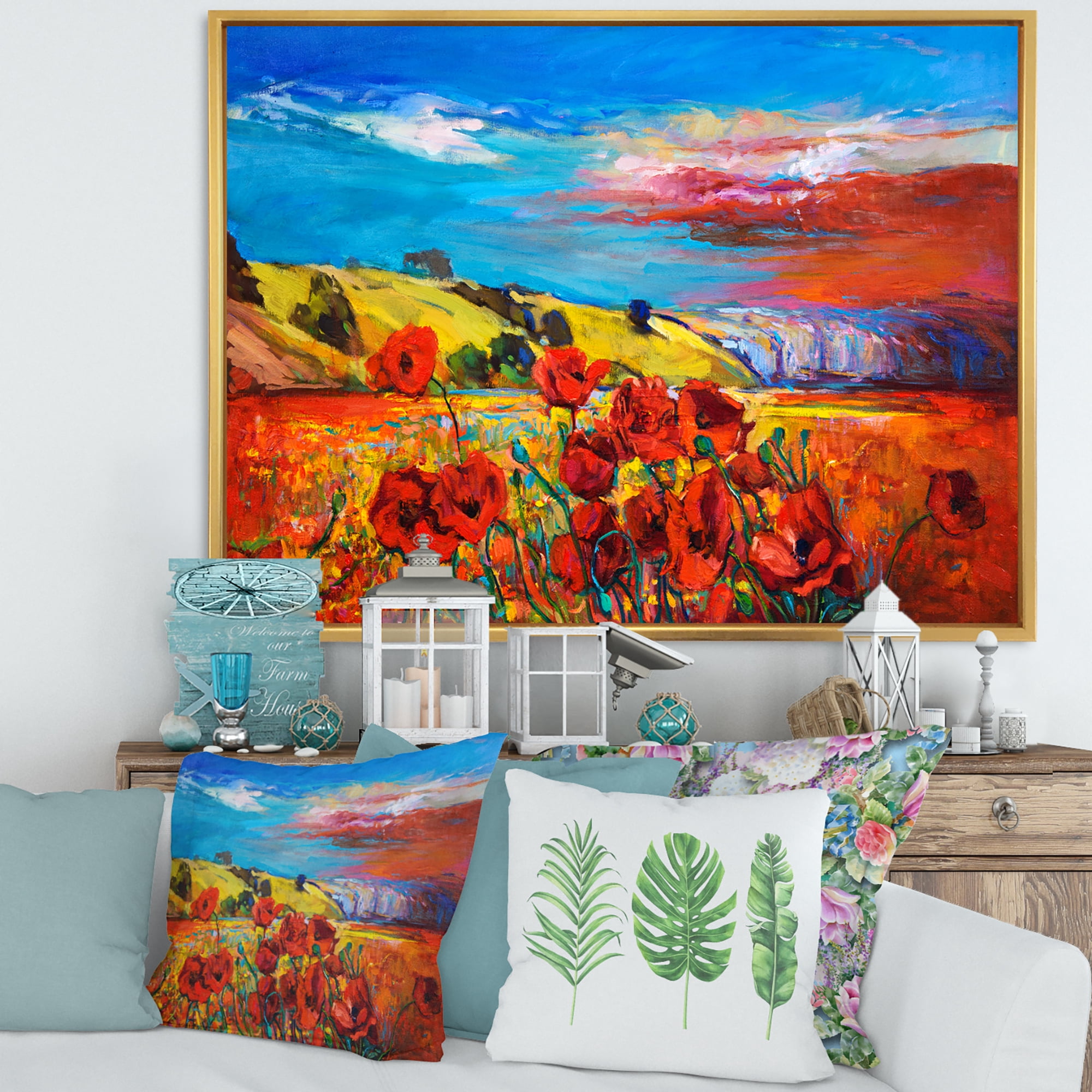 Designart 'Blossomg Red Poppies Under A Blue Sky' Traditional Framed Canvas Wall Art Print