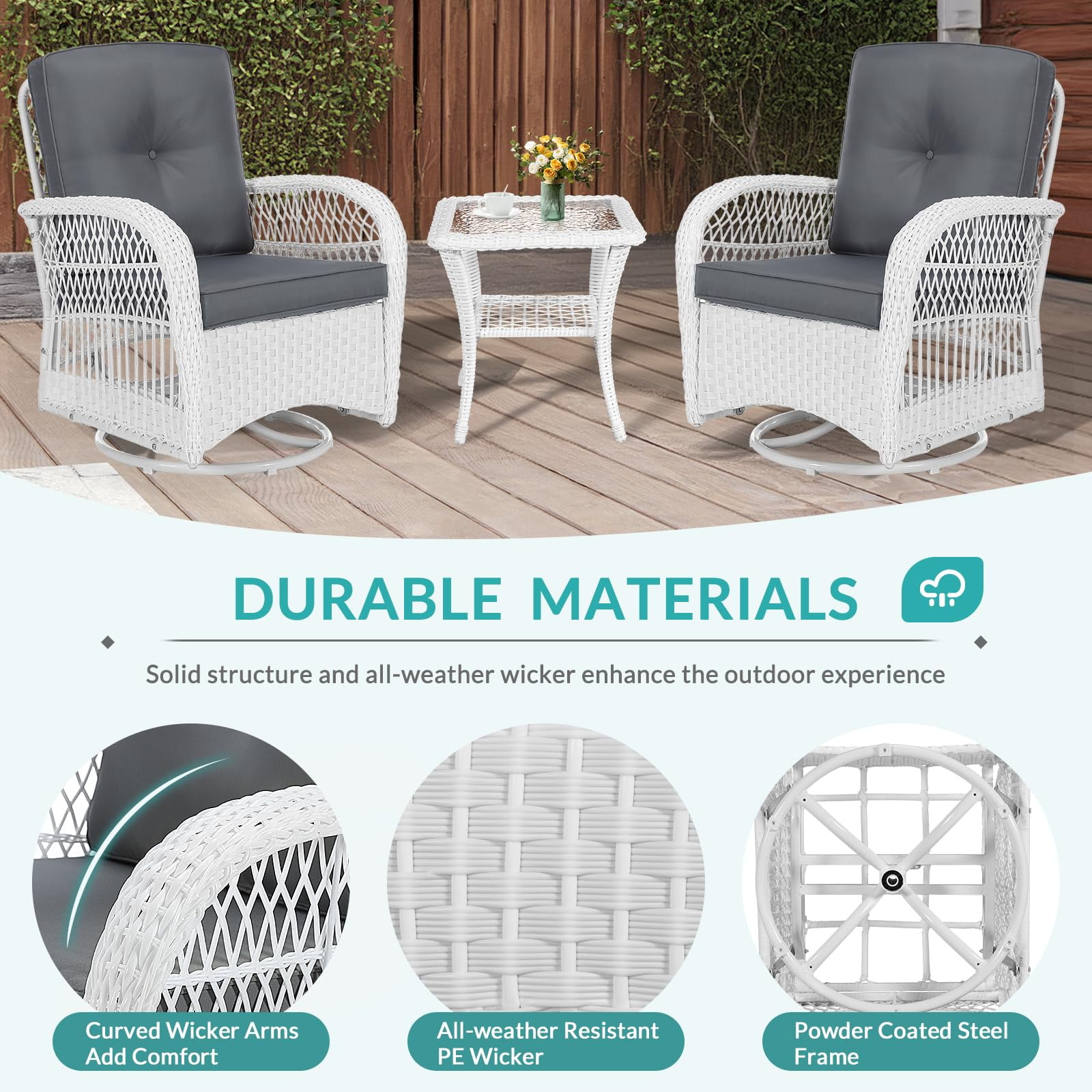 MEETWARM 3 Pieces Outdoor Wicker Swivel Rocker Patio Set, Rocking Chairs Rattan Patio Furniture Sets with Thickened Cushion and Glass-Top Coffee Table, Conversation Bistro Set, White Wicker/Grey