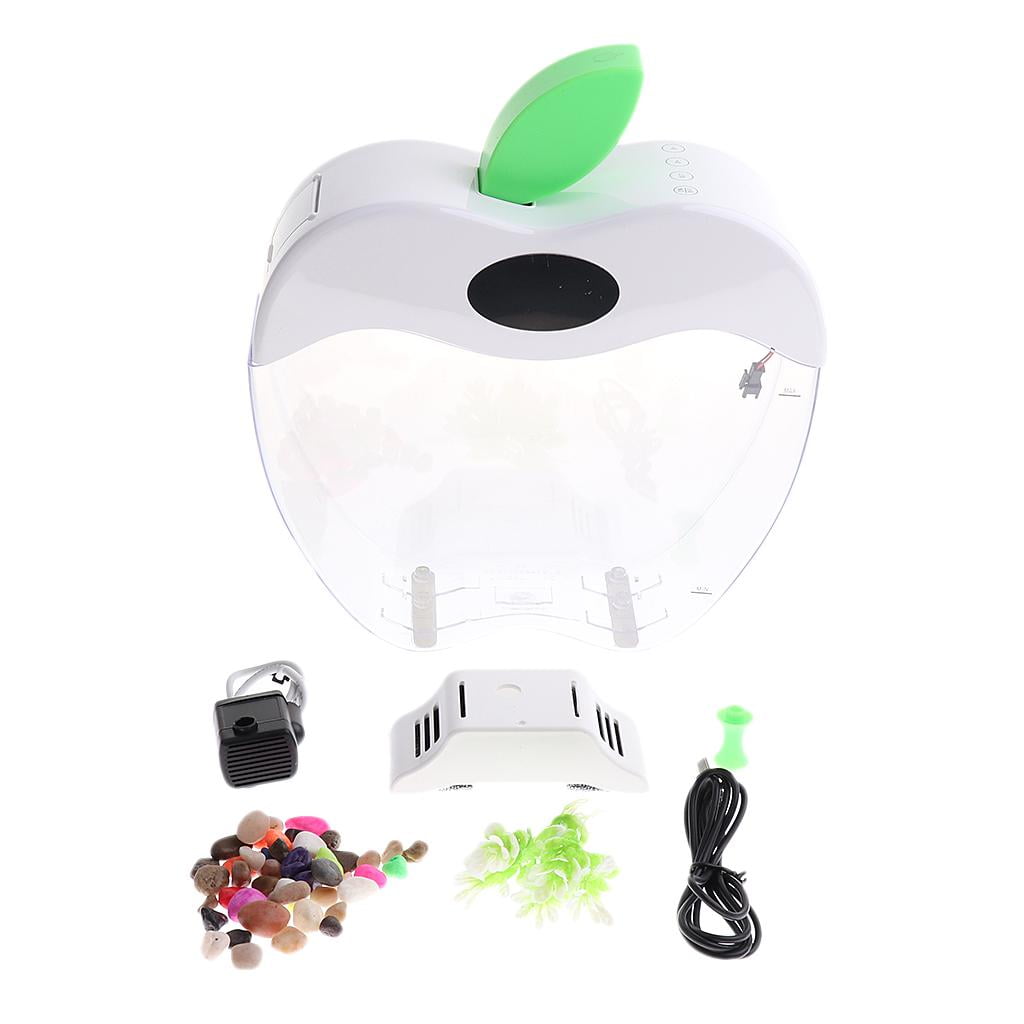 EHJRE Home Office Creative Decoration USB Charge Mini Fish Tank Desk Transparent Aquarium Tank With LED Clock, Decorative Pebbles, And Artificial Plant