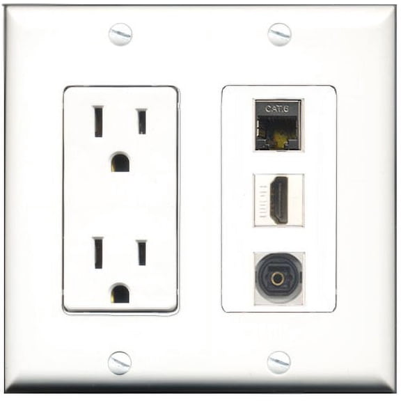 RiteAV - 15 Amp Power Outlet 1 Port HDMI 1 Port Shielded Cat6 Ethernet Ethernet 1 Port Toslink Decorative Wall Plate