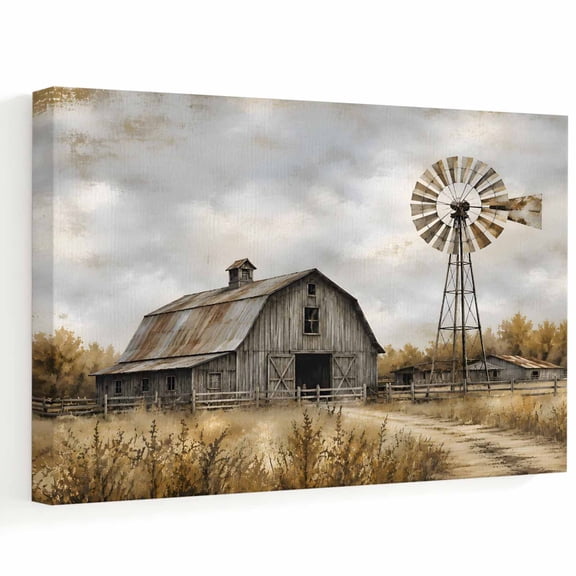 Gray Wooden Barn Canvas Wall Art, Rustic Fall Metal Windmill Wild Grass Farmhouse Wall Art Prints Artwork Framed Canvas Ready to Hang Art Pictures for Large Dining Living Room Hallway 36" x 24"