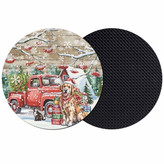 Christmas Coasters Set of 2, Absorbent Coasters for Drinks, Xmas Winter Red Truck Dogs Farmhouse Wooden Grain Coaster for Desk Coffee Table Protection, Home Decor House Warming Gifts 4"
