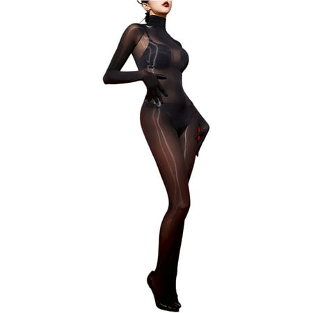 vastwit Women s Silky Glossy Bodystocking Nylon Stretchy Full Body Bodysuits Nightwear Black One Size