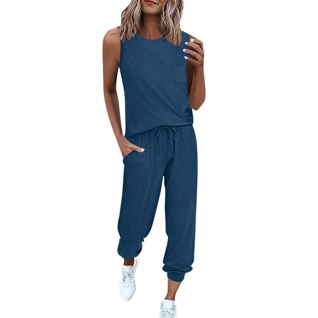 Summer Short Sleeve Tops for Women Solid Color Round Neck Sleeveless Pocket Top Elastic Waist Drawstring Pants