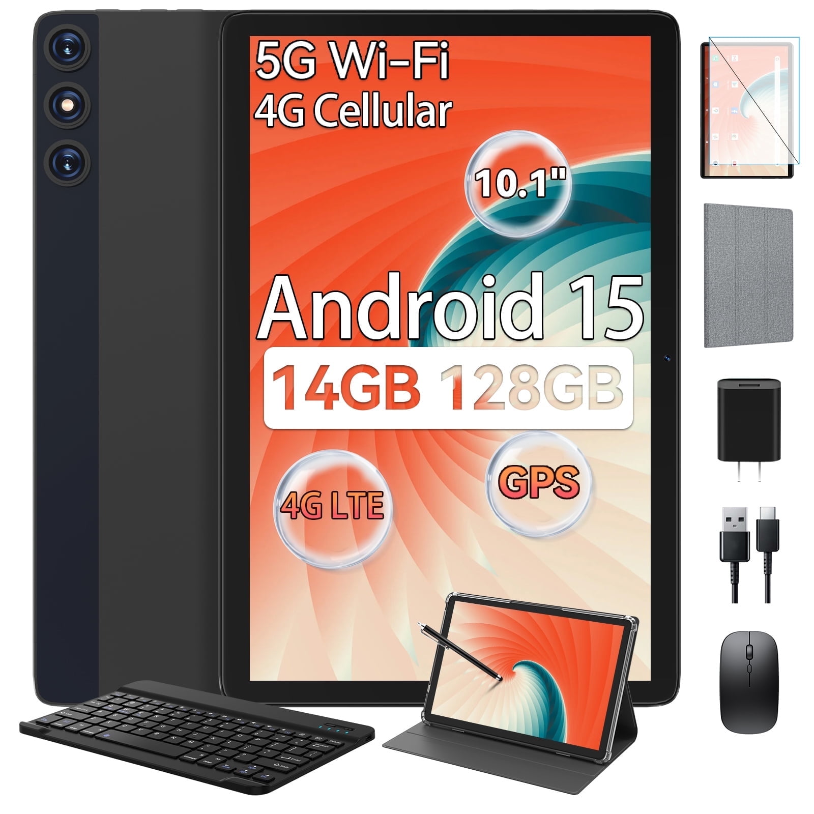 Android 15 Tablet,128GB+14(8+6 Expand)GB,10inch 4G Phone Tablet,5G WIFI+Cellular,Octa-Core,Dual Sim Card Slot,13MP Camera,GPS,1TB Expand,1920*1200 FHD IPS,8000mAh,Face Unlock,Tablet with Keyboard