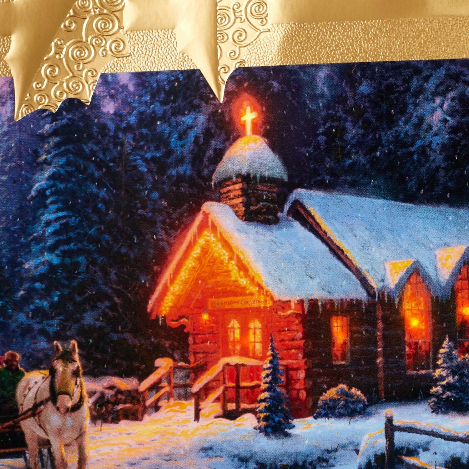 Carte musicale en relief de Noël avec lumières, Thomas Kinkade, Hallmark (Chapelle de Noël, joue « O Holy Night »)