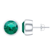 Rosec Jewels Round Shape Created Emerald Solitaire Stud Earrings in Bezel Setting, 925 Sterling Silver