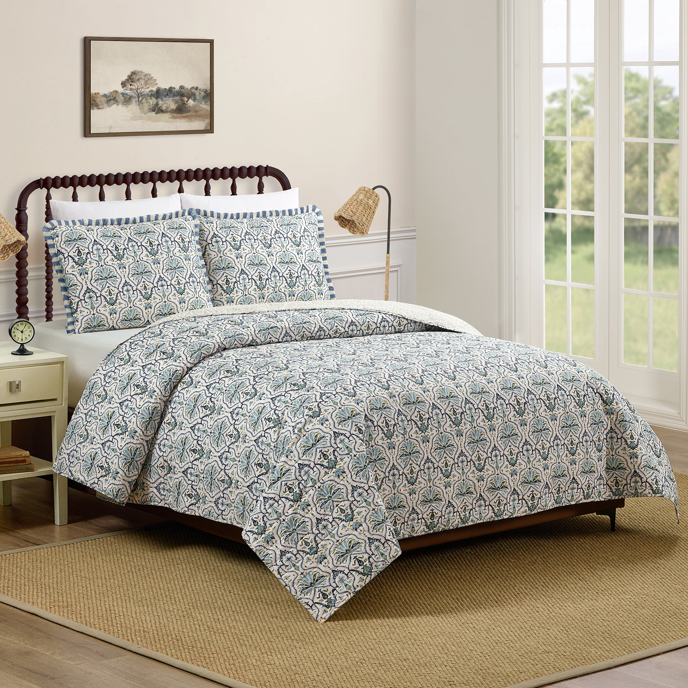 Spartina 449 Hamilton 3-Piece Reversible Cotton Quilt Set, Cream/Blue, King