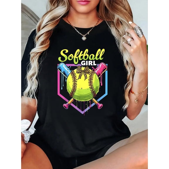 Softball Drip Girls Ice Cream Drip Youth Softball Girl Bow T-Shirt casual short sleeve crew neck cotton tee tops for women