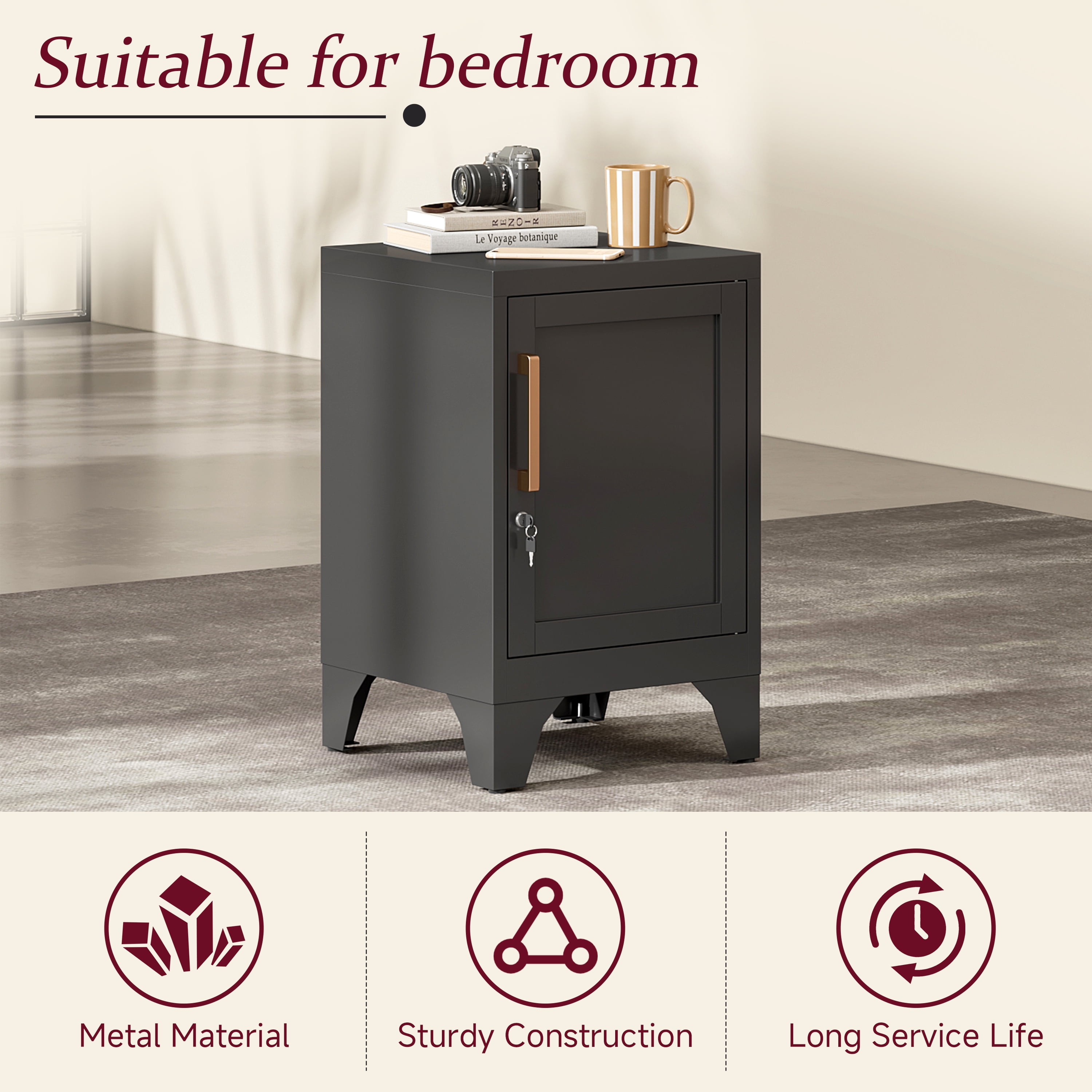 Bestoo Metal NightStand Storage Cabinets with Lock and Adjustable Shelf, Small End Table Side Table for Small Space, Lockable Bedside Table for Home Office Living Room Bed Room, Black