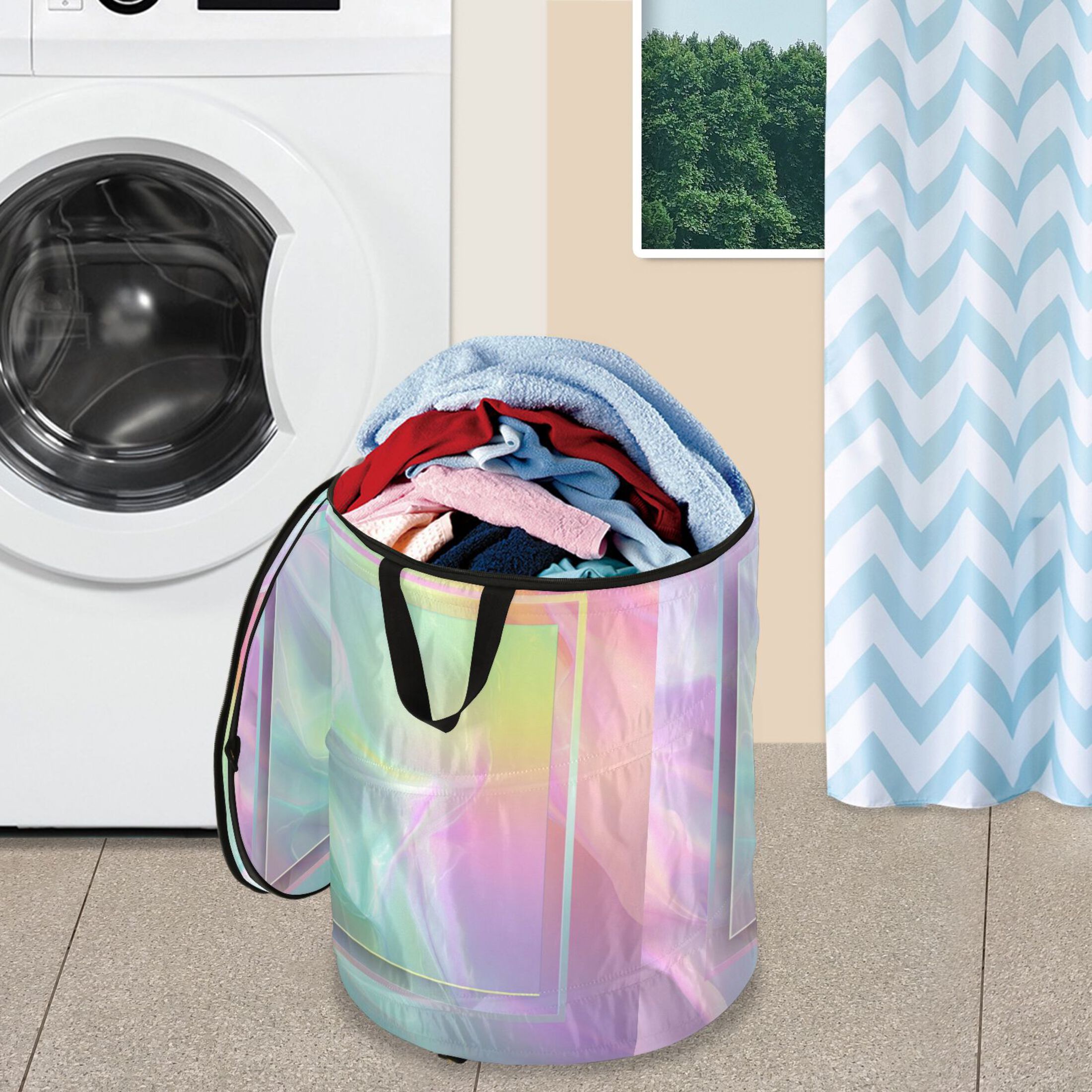 50L Extra Large Popup Hamper Collapsible Laundry Basket With Zippered Lid 15.7x18.5in Holographic Gradient Pastel