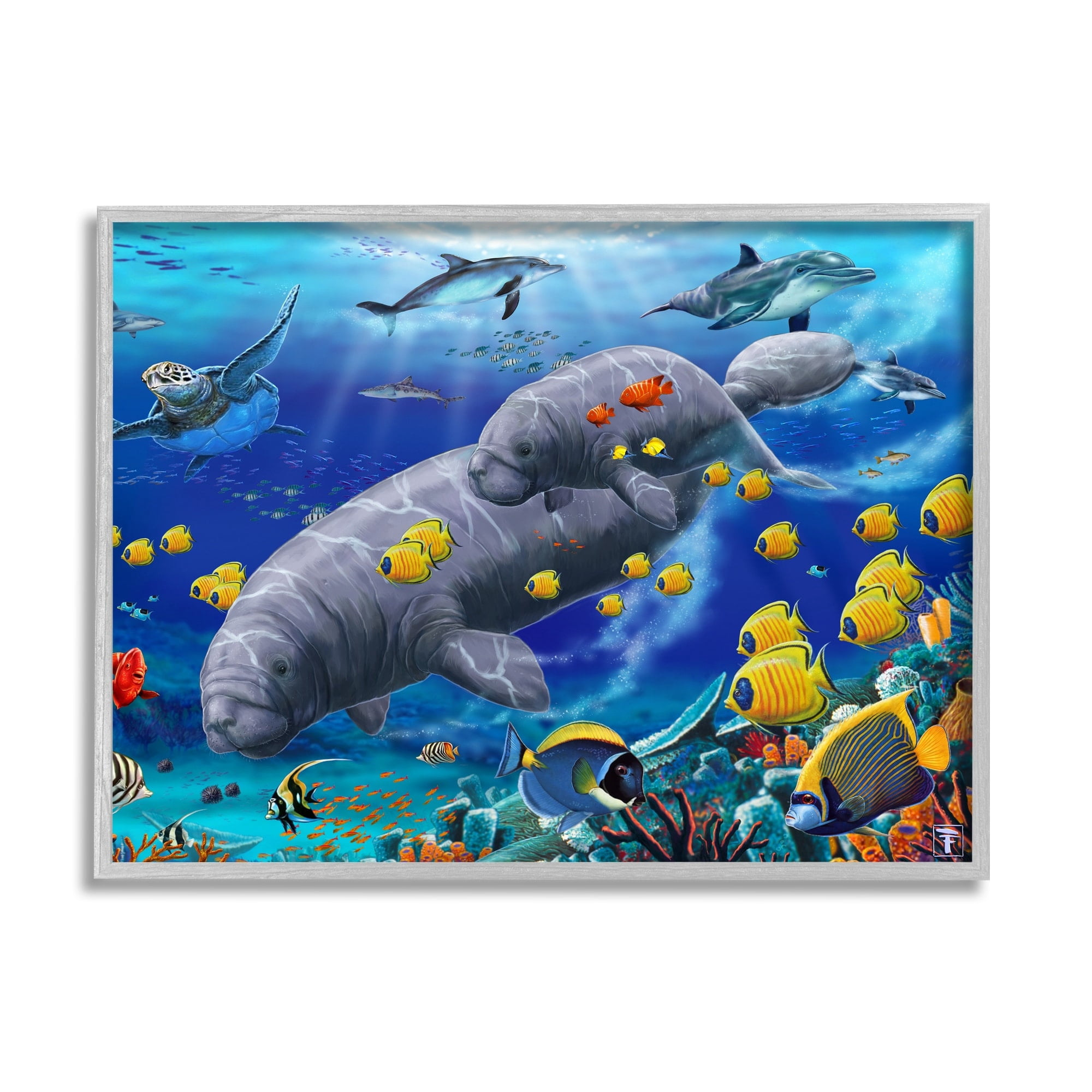 Stupell Industries Manatees & Fish Swimming Coastal Painting Gray Framed Art Print Wall Art