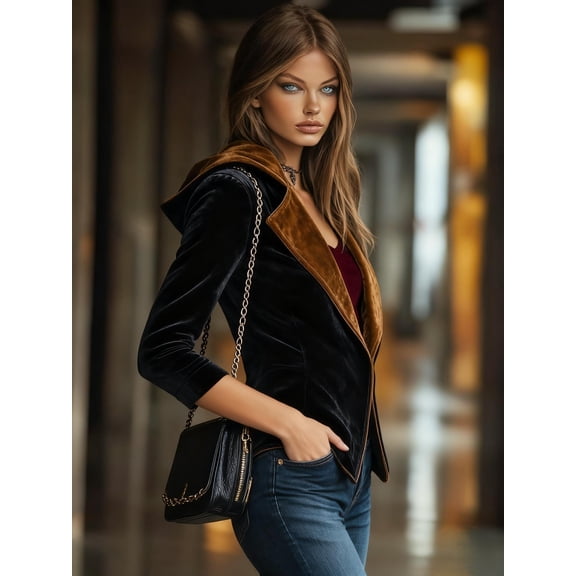 Women's Elegant Retro Hooded Velvet Coat - Black & Brown Contrast Long Sleeve Winter Jacket, Button-Free Closure, X-Line Silhouette