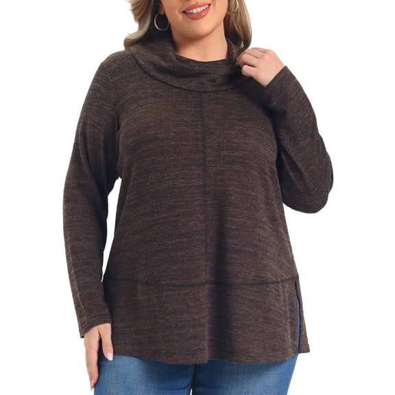GRACE & GRANDEUR Women's Plus Size Halloween Outfits Knit Tops Cowl Neck Split Hem Fall Winter Pullover Sweater Blouse 1X Dark Brown
