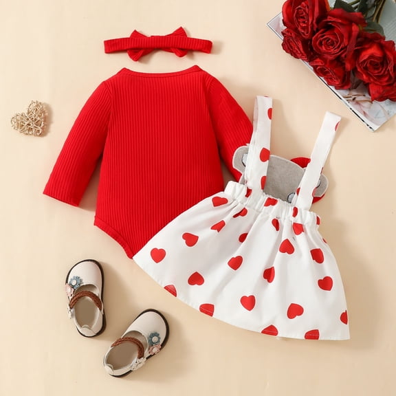 Baby Boys Valentine’s Day Outfit Long Sleeve Romper Heart Bib skirts