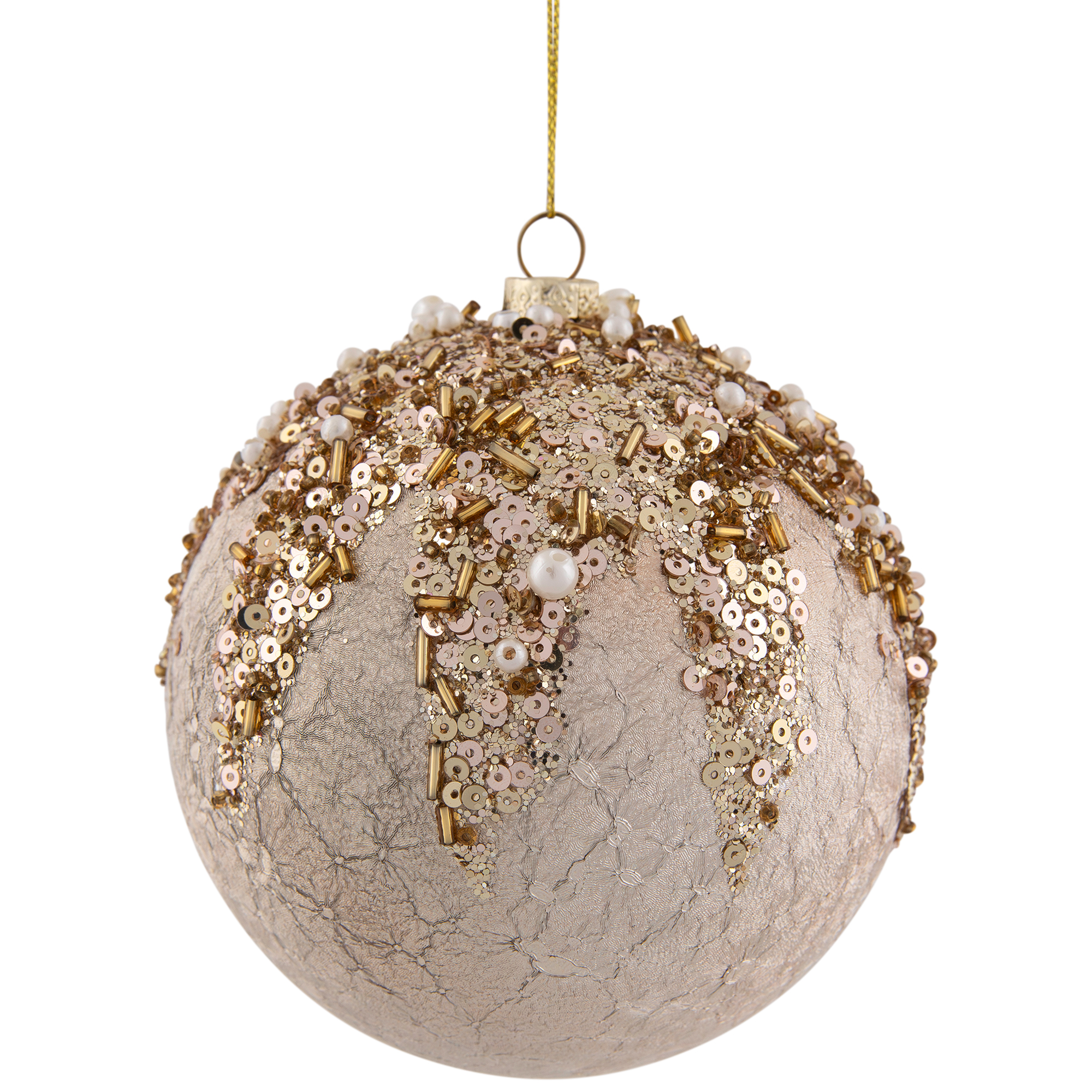 4" Gold Mercury Glass Style Shatterproof Christmas Ball Ornament with Beads