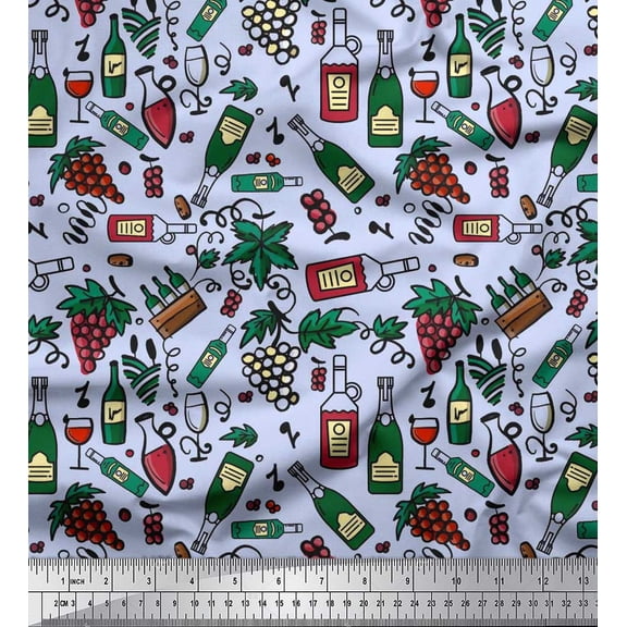 Soimoi Modal Satin Fabric Grapes Wine Bottle & Glass Bar Decor Fabric Printed Yard 42 Inch Wide