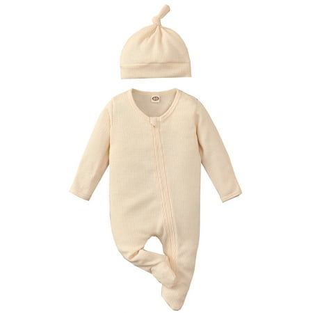 

Canrulo Newborn Baby Boy Girl Footie Romper Solid Waffle Knit Side Zipper Jumpsuit with Hat Clothes Beige 18-24 Months