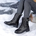 thumbnail image 4 of Lace up Winter Motorcycle Boots for Women Furry Lined Low Heel Side Zipper Mid Calf Combat Boots Waterproof Warm Snow Booties Black Size 7.5, 4 of 7