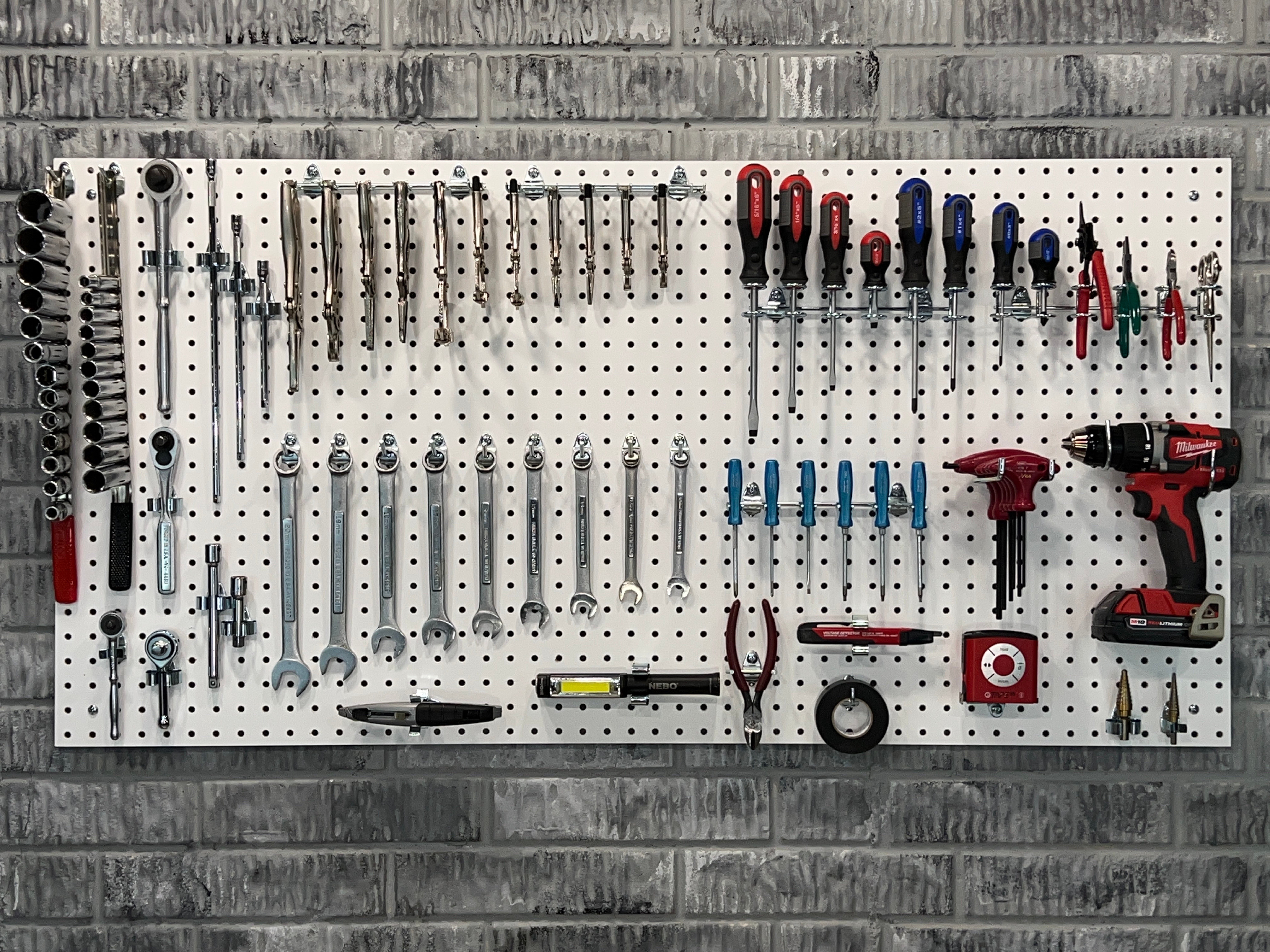 Triton Products® Wall Ready White Pegboard Kit 24 In. W x 42 In. H x 1/4 In. D Heavy Duty High Density Fiberboard Round Hole Pegboards with 36 pc. Locking Hook Assortment
