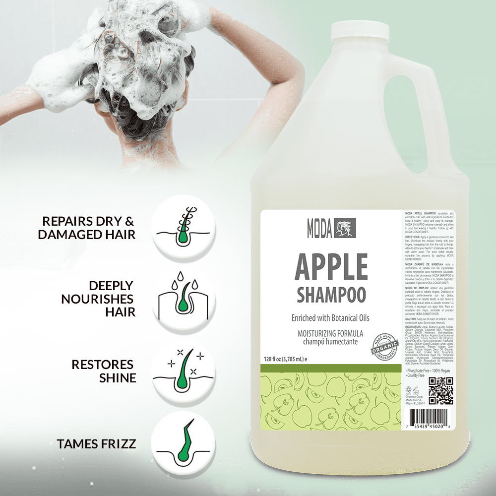 MODA - Moisturizing Shampoo for All Hair Types, Apple, 128 Oz, Professional - Deeply Cleanses and Conditions, Strengthens, Restores and Shine your Hair - With Glycerin, Keratin, Collagen
