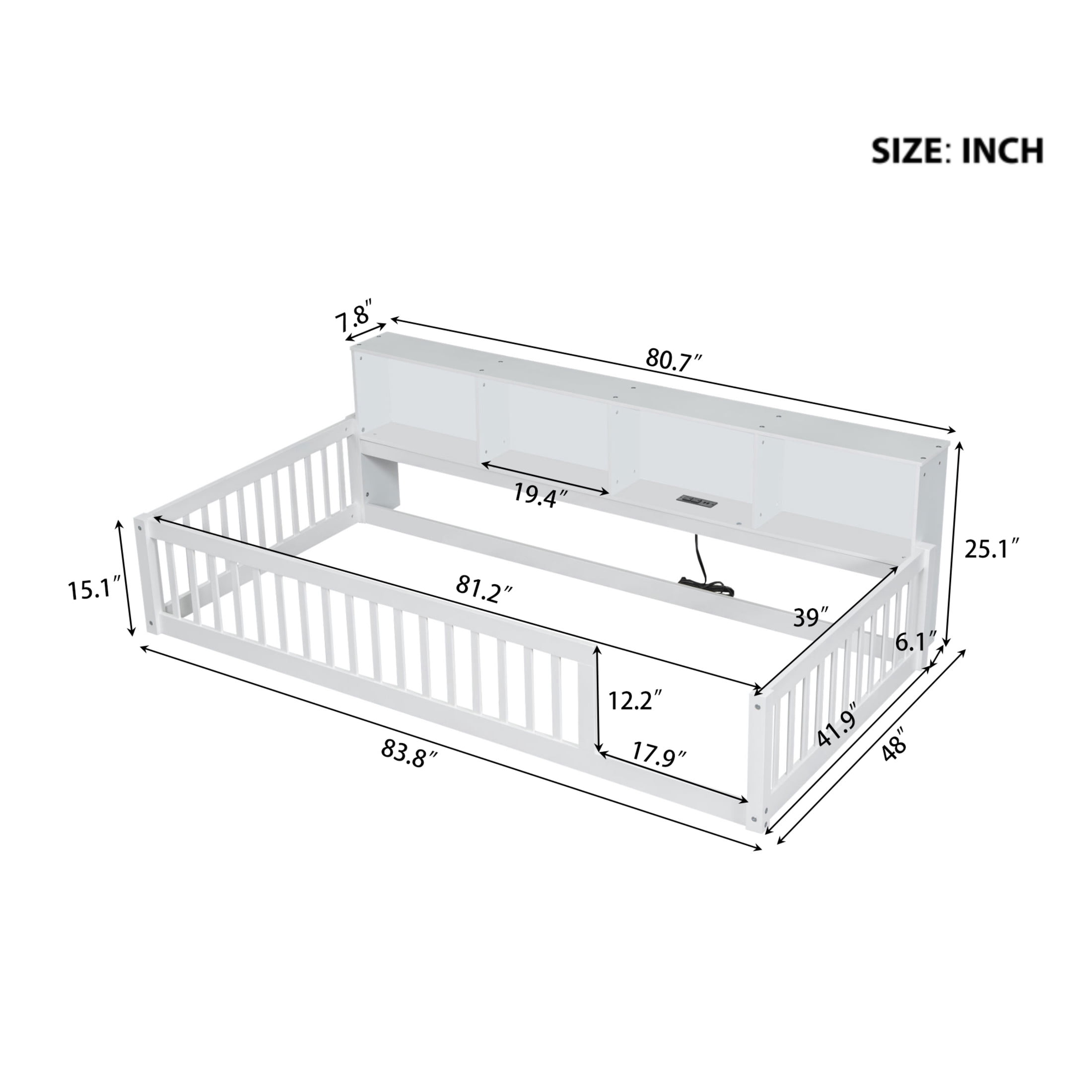 Noble House Twin XL Wood Floor Bed with Storage Cabinets and USB Charging Station, Space Saving Design, White