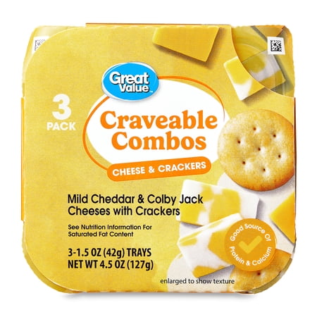 Great Value Craveable Combos Mild Cheddar & Colby Jack Cheeses with Crackers, 1.5 oz, 3 Count