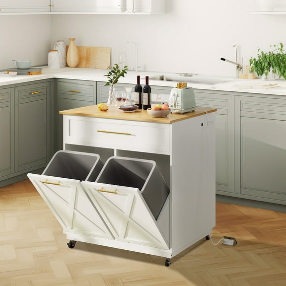 Uforic Kitchen Storage Cart with 2 Tilt Out Trash Can, Rolling Kitchen Island with Power Outlets & Drawers, White