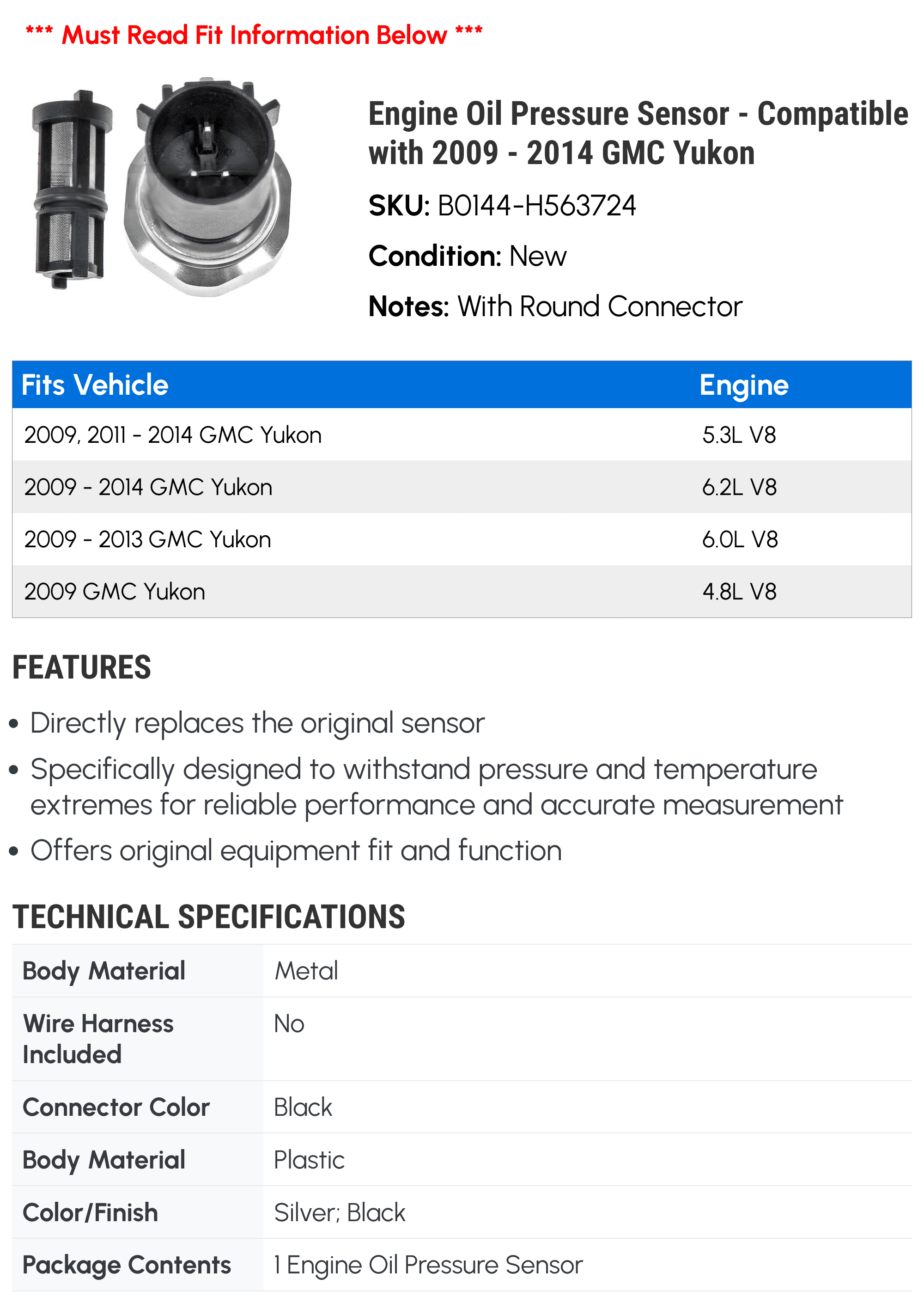 Engine Oil Pressure Sensor - Compatible with 2009 - 2014 GMC Yukon 2010 2011 2012 2013