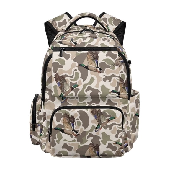 Pzuqiu Mallard Duck Camo School Backpacks 17 Inch Large Capacity Kids Teenagers Schoolbags Bookbags Casual Travel Daypack with Front Zipper Breathable Teen Girls Boys Backpack