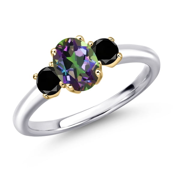 Gem Stone King 925 Silver and 10K Yellow Gold Green Mystic Topaz and Black Diamond Engagement Ring for Women | 1.34 Cttw | Oval 7X5MM | Gemstone November Birthstone | Size 6