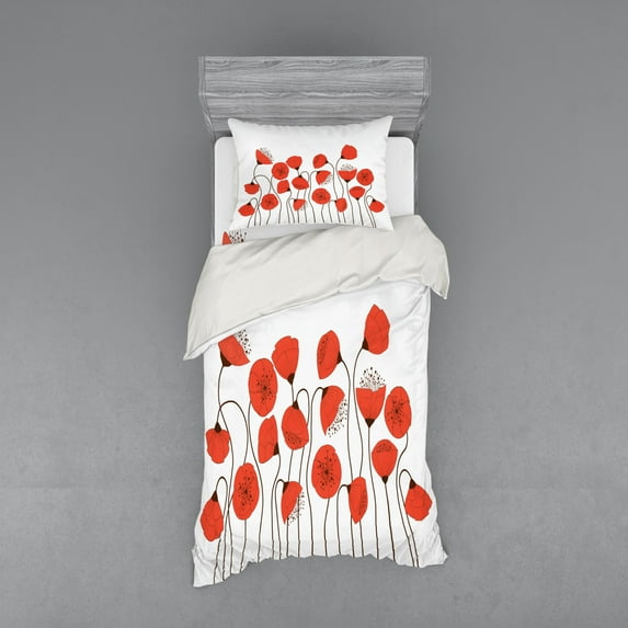 Ambesonne Nature Bedding Set 3 Pcs, Summer Poppy Flowers, Twin XL, Vermilion and Pearl