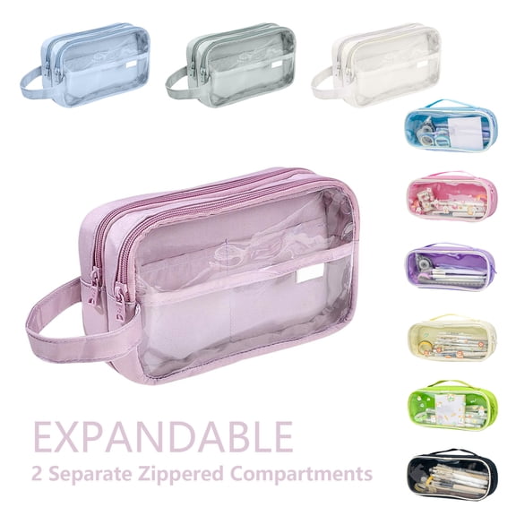 Dmlowu Pencil Pouch, 2 Separate Zippered Compartments Waterproof Pencil Case, Large Capacity Clear Bag for Pens Markers Tape Journal Supplies Badges
