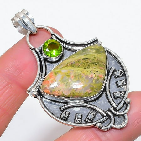 Natural Unakite, Peridot Gemstone 925 Sterling Silver Jewelry Pendant 2.52"